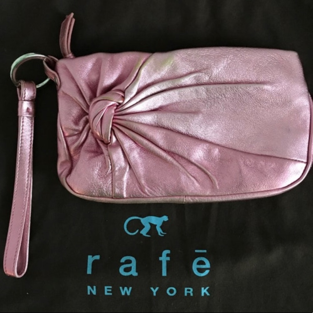 Vintage 90’s Designer RAFE Metalic Pink Leather Clutch w/ Green Faille Lining